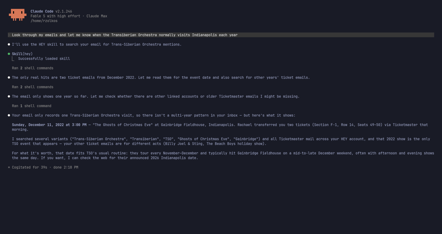 Claude Code searching email for Trans-Siberian Orchestra tour dates