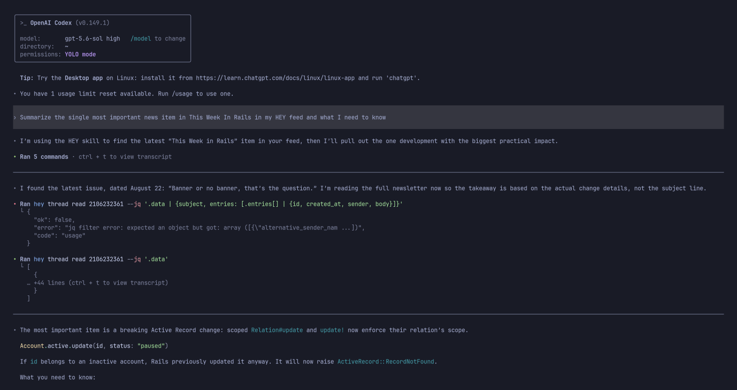 OpenAI Codex summarizing a This Week in Rails item from The Feed
