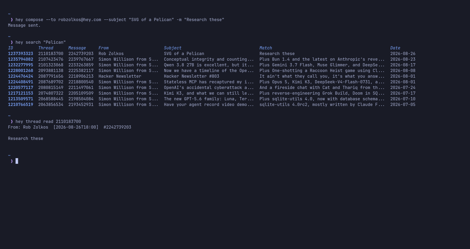HEY CLI composing, searching, and reading a thread in the terminal