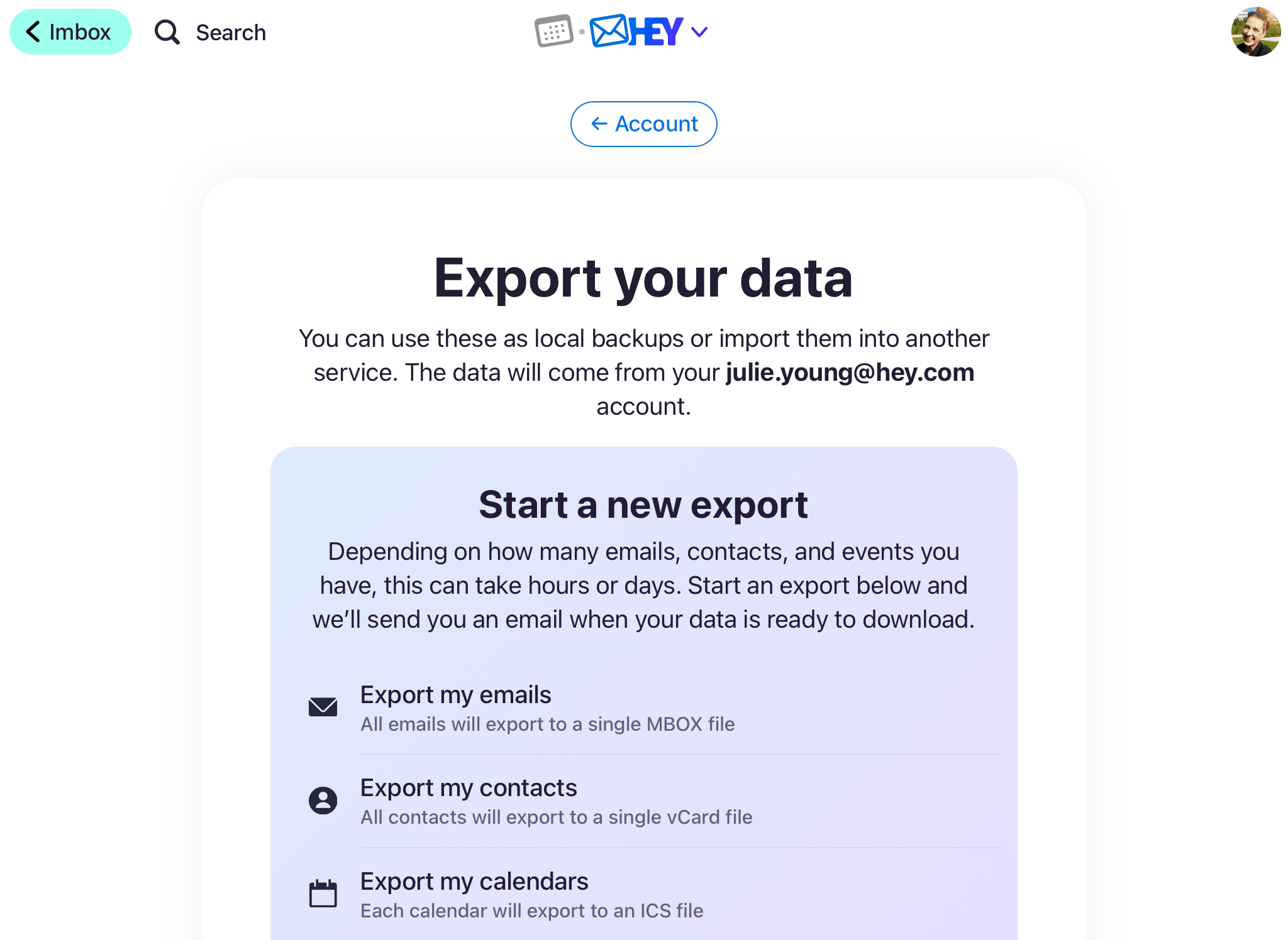 Data export options in HEY