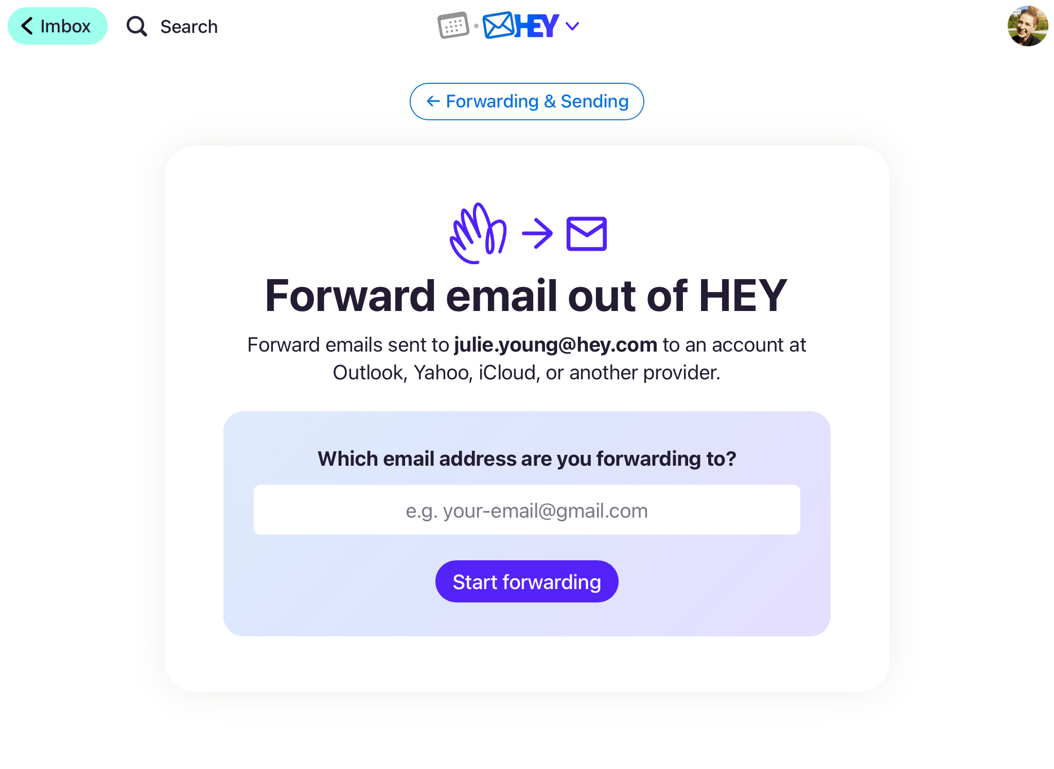 The HEY interface for setting up a forwarding