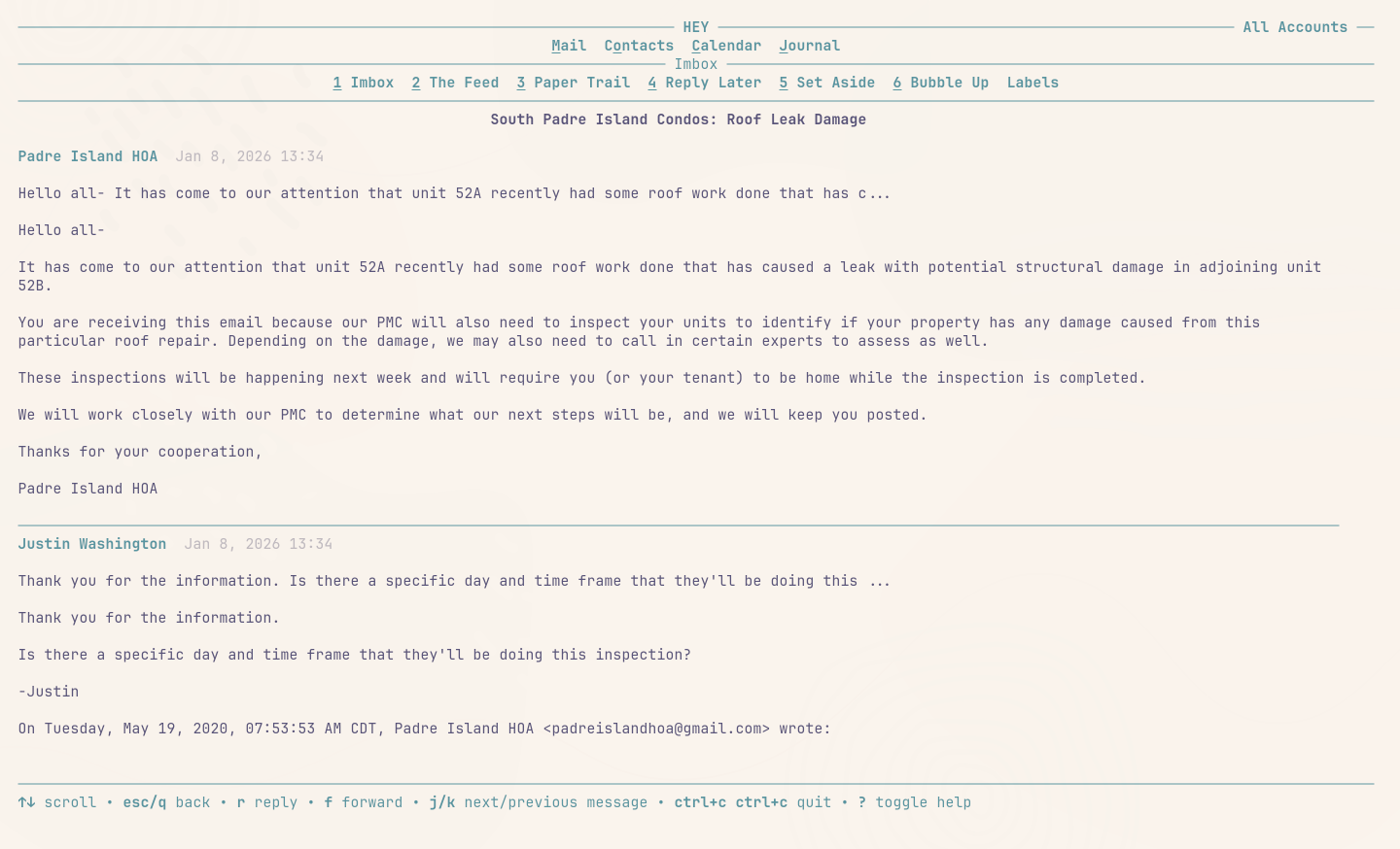 HEY TUI message in the Rosé Pine theme