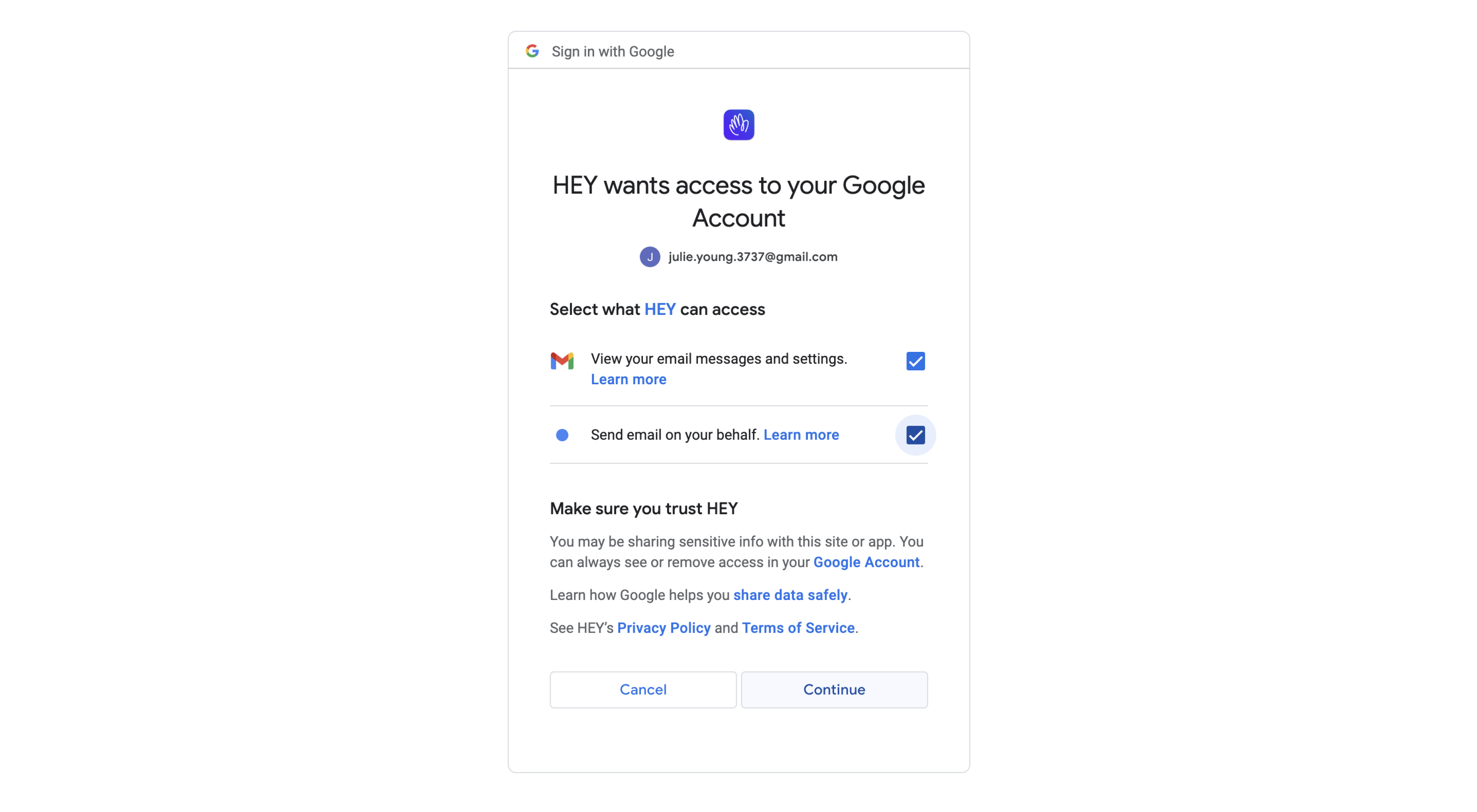 Allowing HEY access to send from your Google account