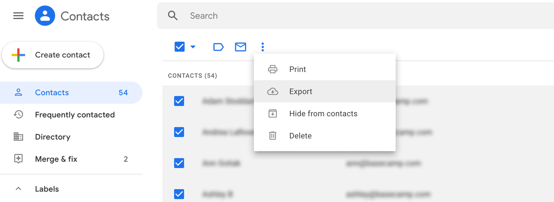 Selecting your contacts to export in Google Contacts