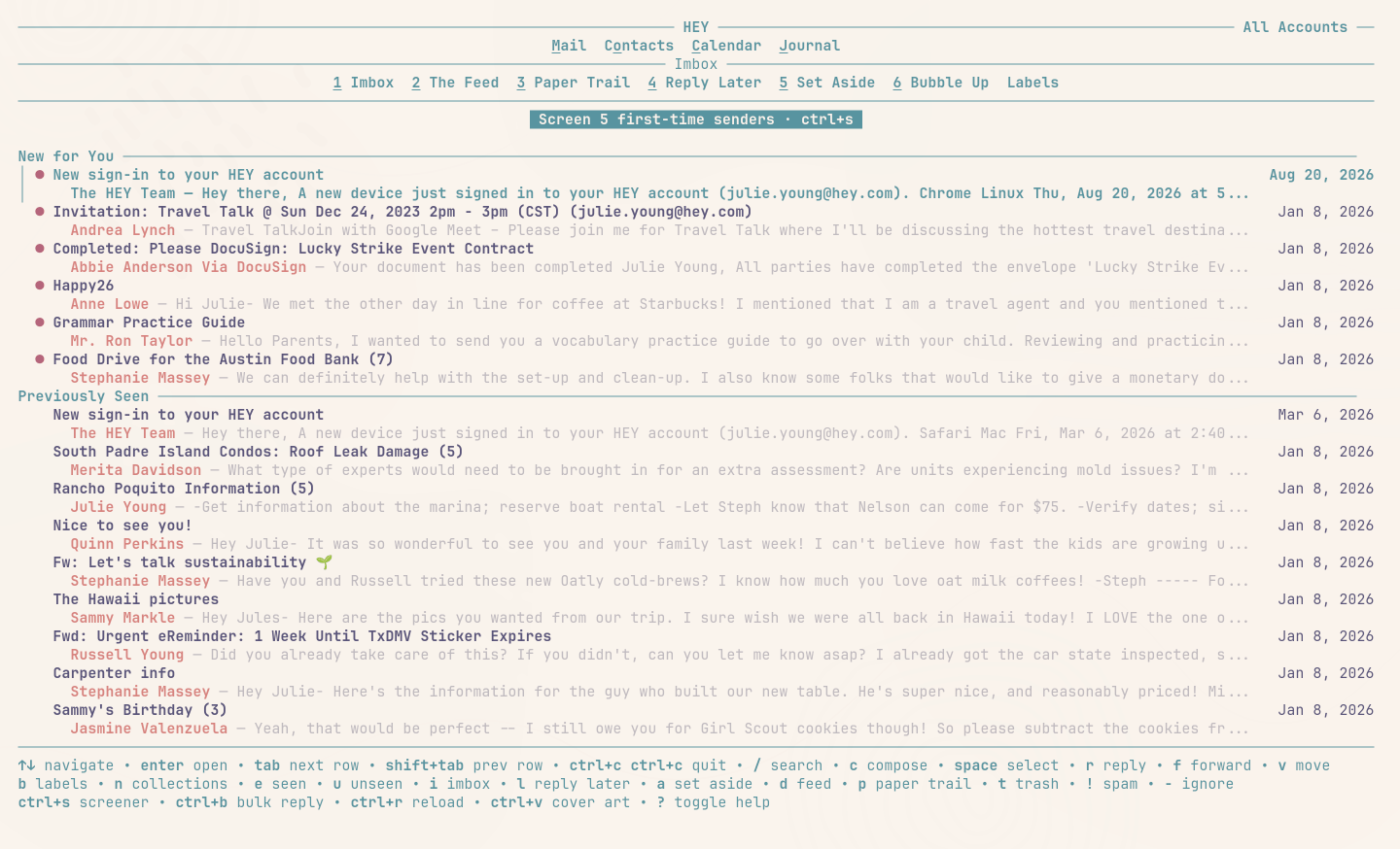 HEY TUI Imbox in the Rosé Pine theme