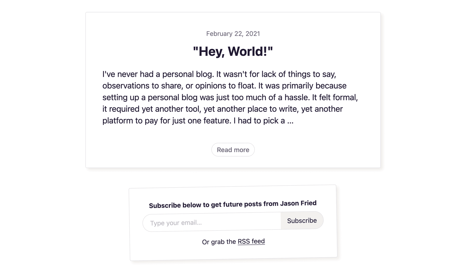Your HEY World index page with a form to subscribe to email notifications
